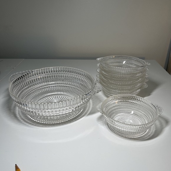 Hazel Atlas BEEHIVE Clear Glass Serving Bowl with 6 Desert Bowls Vintage